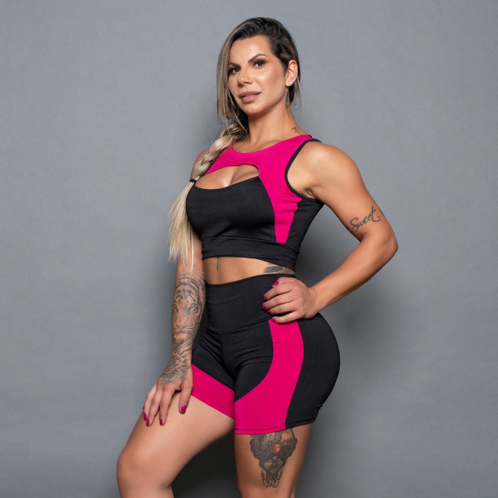 Conjunto Fitness Academia Shortinho e Cropped Sem Bojo Sustentação Cross Fit Detalhes (CONJUNTO IVY)