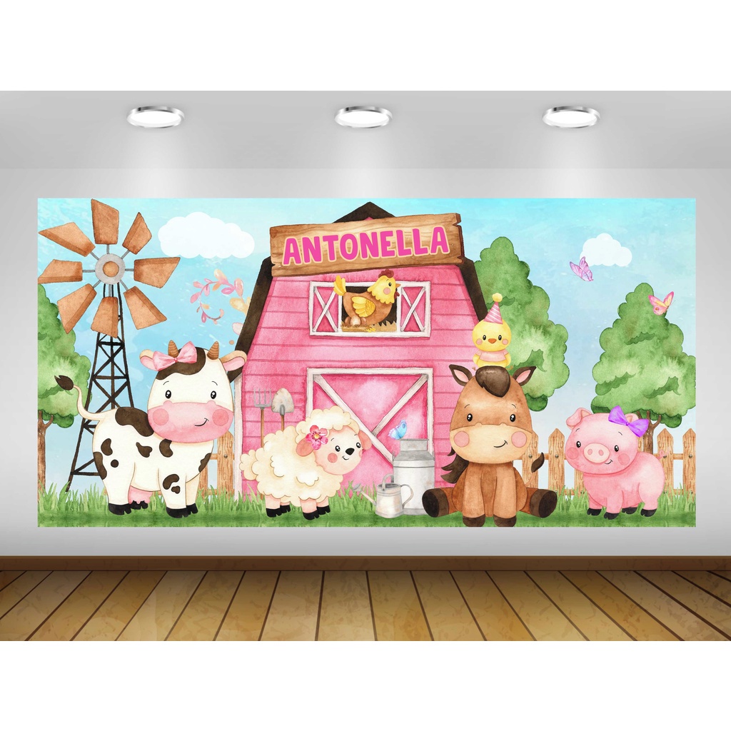 Painel de festa infantil Fazendinha Rosa Personalizado | Shopee Brasil