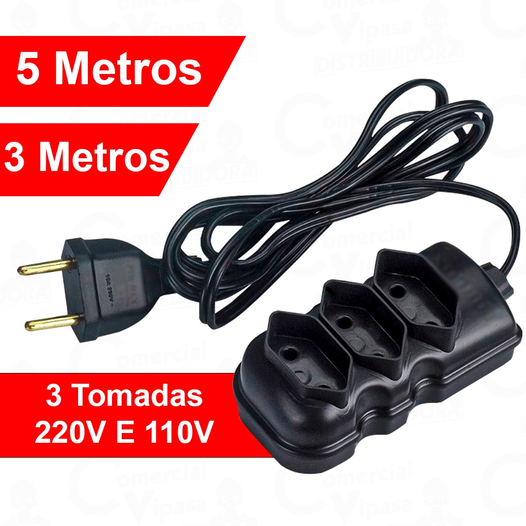 Extensão Elétrica 3 Ou 5 Metros Bipolar Preta Com 3 Tomadas Uso Geral Resistente Casa Comércio em Oferta na Shopee