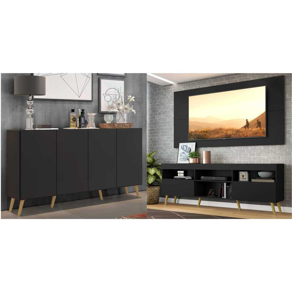 Conjunto Sala de Estar Rack/Painel TV/Aparador Multimóveis Sofia FG1005 Preto/Natural em Oferta na Shopee