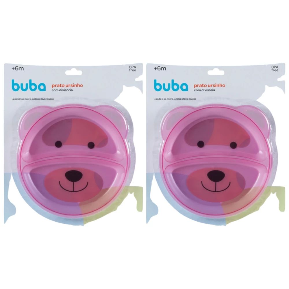 2 Pratos P/ Refeição Animal Ursinho com Divisória Buba para Bebê