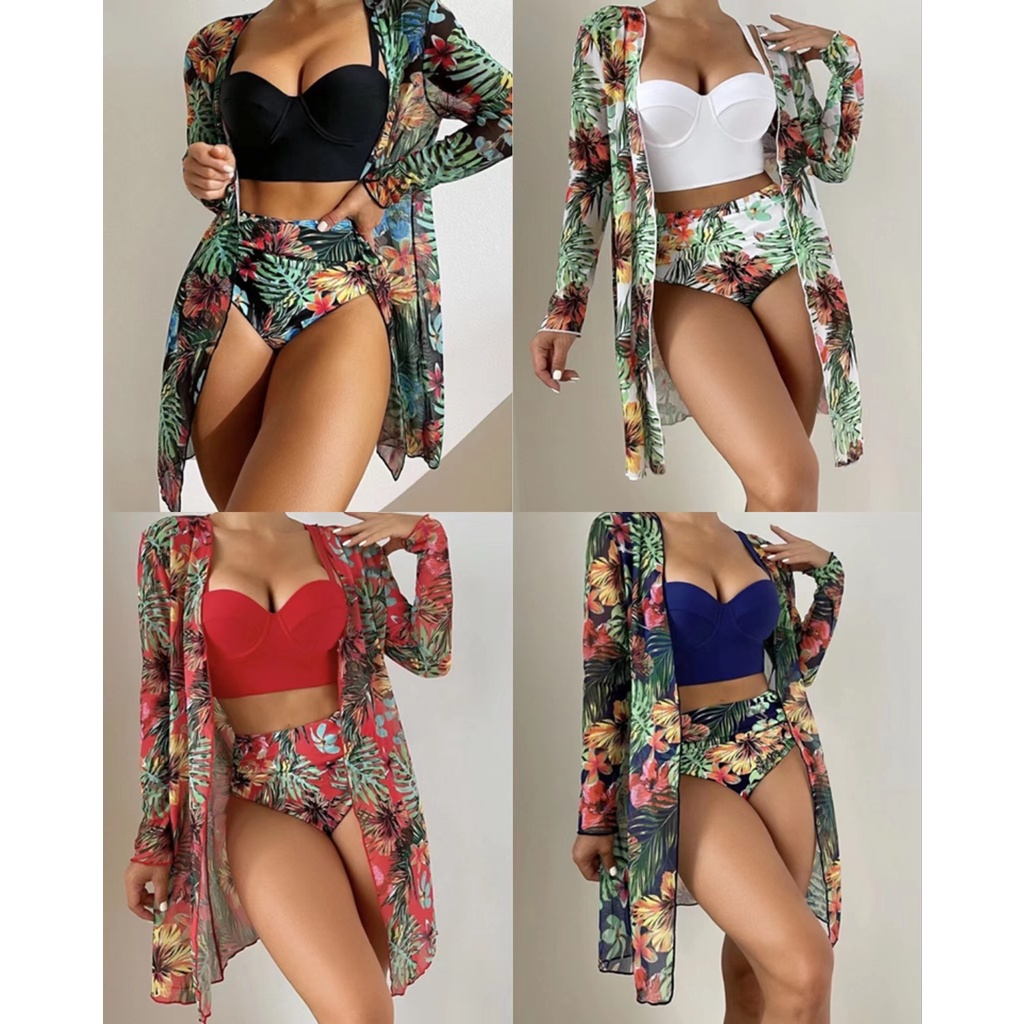 Biquíni Feminino Cintura Alta Sexy Print Conjunto De Três Peças De Escorrega o Preço