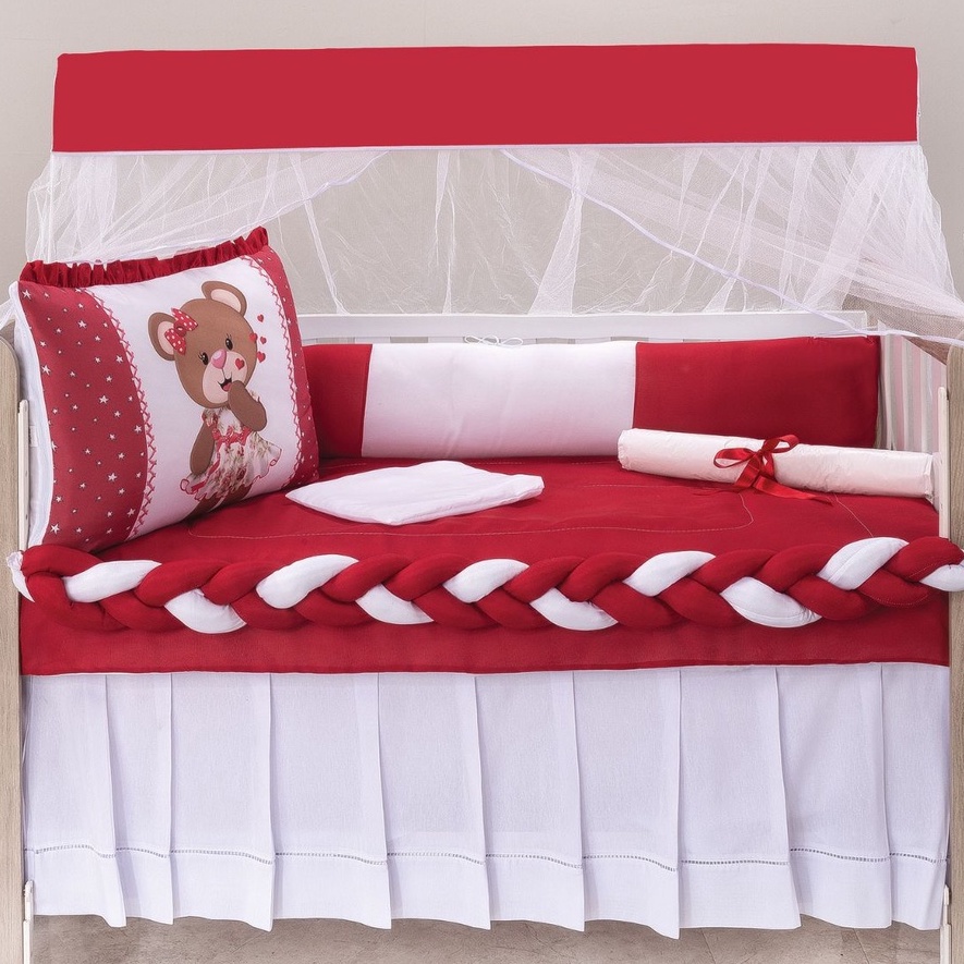 Kit Berço de Menina Vermelho Ursinha Jujuba Padrão Americano Com Mosquiteiro e Trança 10 Peças