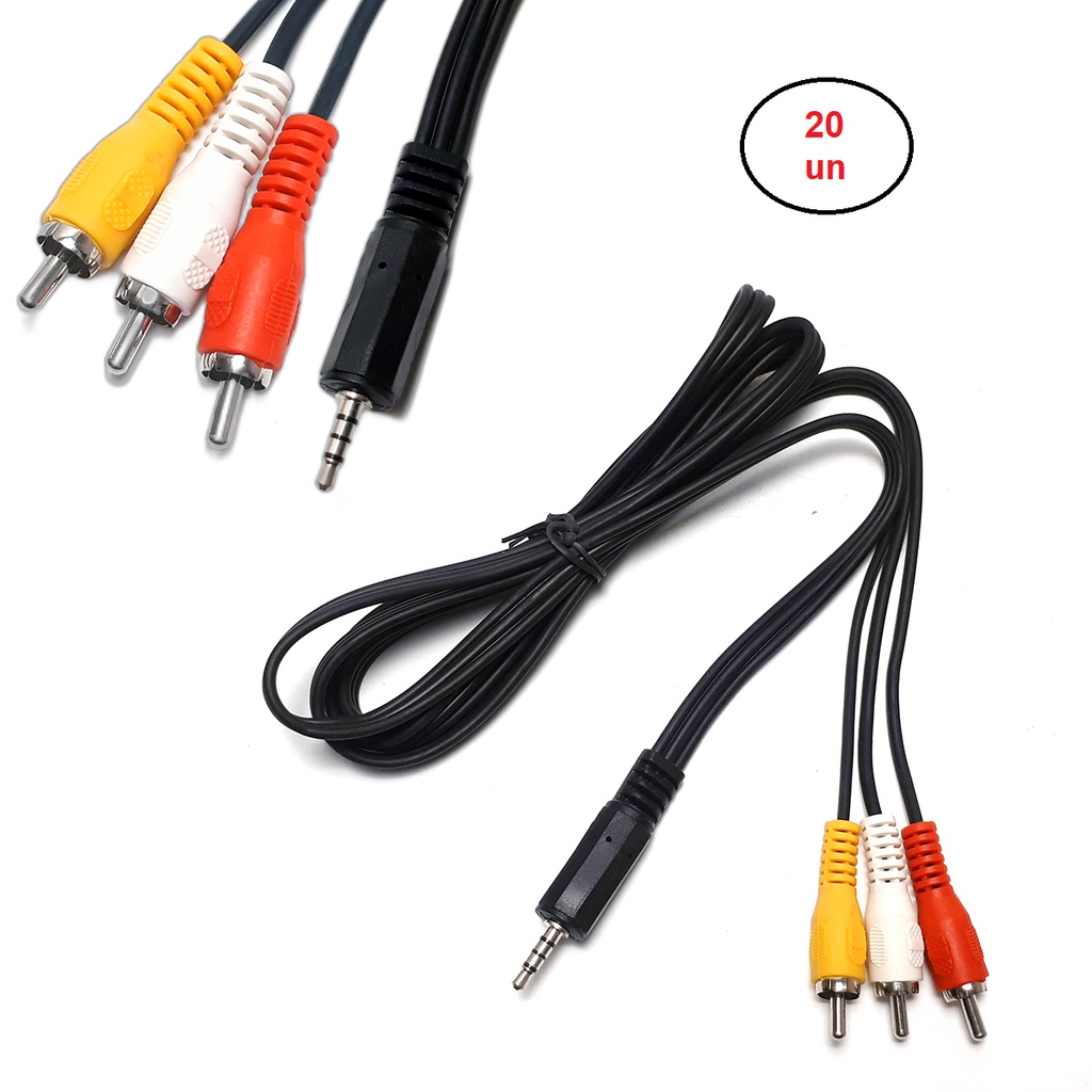 Kit 20 Cabo P2 para Rca Audio Video Tv Receptor P3 AV IN Dvd Macho 3 Rca 1,5 m metros