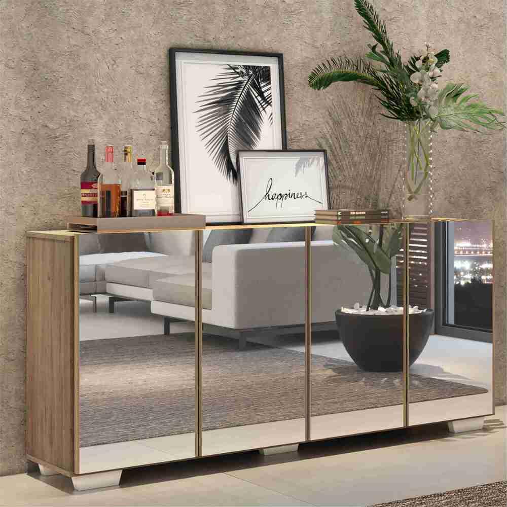 Aparador Buffet 4 portas c/ Espelho e Pés Quadrados Vegas Multimóveis Rustic/Branco em Oferta na Shopee