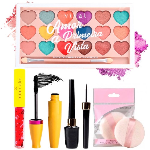 Kit De Maquiagem Paleta De Sombra Cores Esponjas Delineador