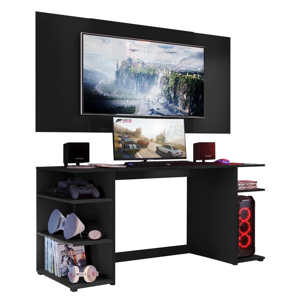 Mesa Gamer com Painel e Suporte TV 65" Guilda Multimóveis Preta