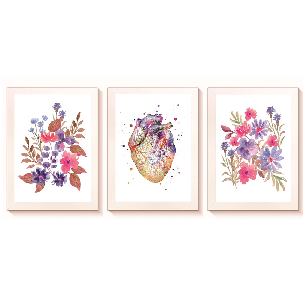 Kit 3 Quadros Decorativos Coração Flores Decoração Cardiologia Medicina Consultório Molduras 20x30cm Madeira
