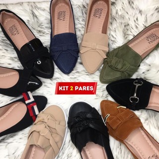Kit Sapatilha Feminina 2 Pares Sapatilhas Femininas Sapato Feminino Rasteirinhas Social Casual Mocassim Sandália Bico Fino