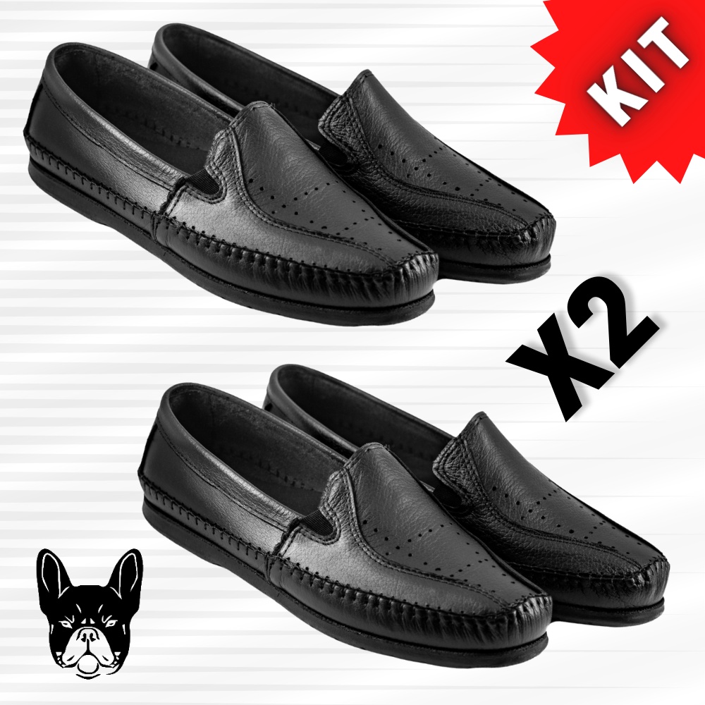 Kit 2 Pares Sapato Mocassim Masculino Ortopédico Anti Stress Couro Legitimo Sola Anti Derrapante