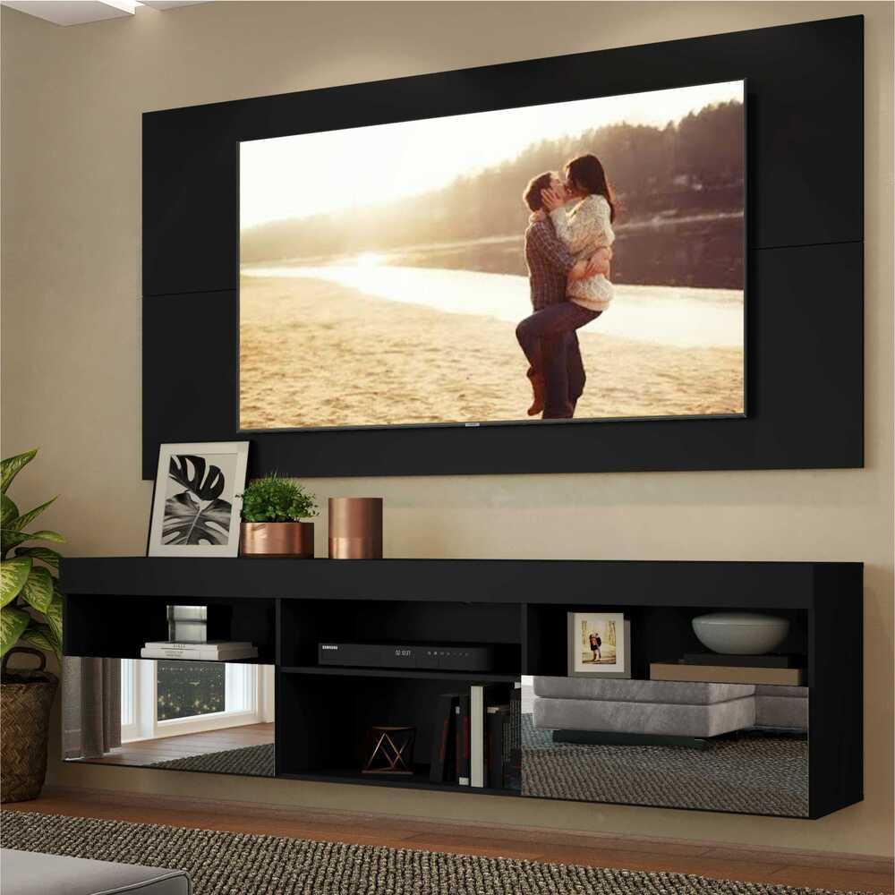 Painel TV até 65 polegadas com Rack Suspenso e Espelho Flórida Multimóveis Preto - Home & Living