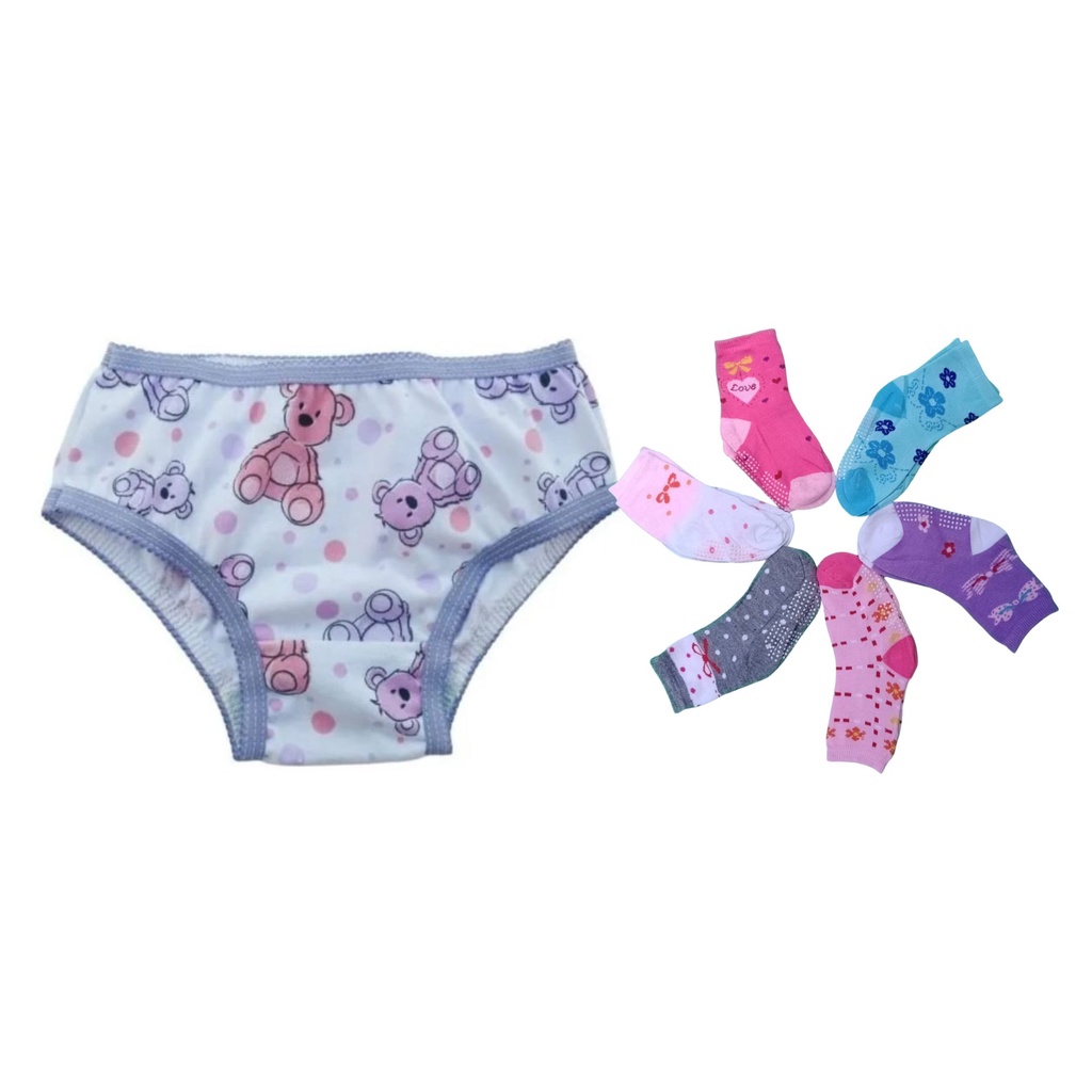 kit 12 calcinhas infantil Holly + 6 pares de meia infantil Combo promocional