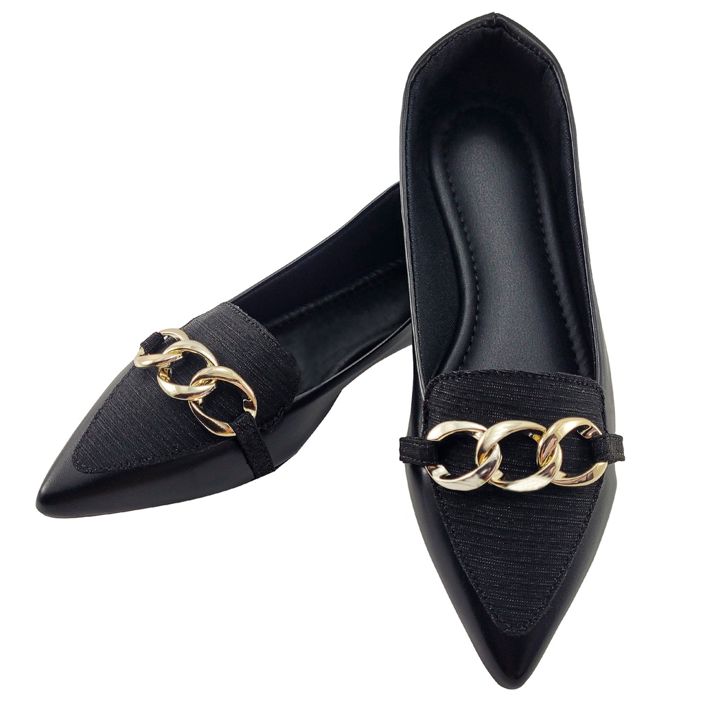 Sapatilha Feminina Bico Fino Preta Mocassim Feminino Confort Com Corrente Dourada Casual