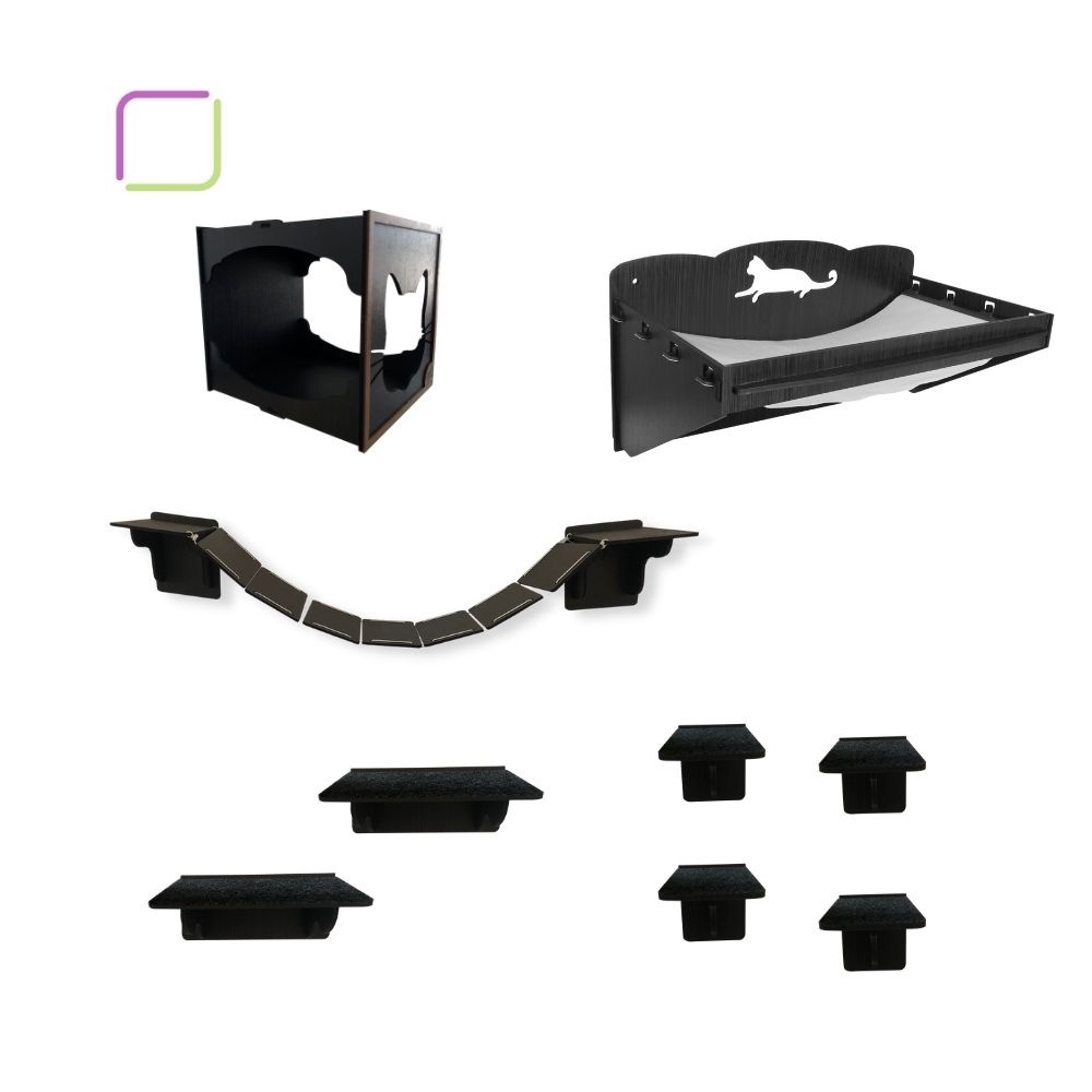 Kit playground para gato suspenso de parede reforçado preto - linha premium - opções de 6 a 14 peças