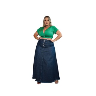 saia jeans feminina longa plus size tendencia moda do 46 ao 60