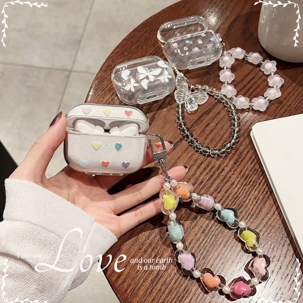 Invólucro Para Airpods 4 Pro 3 2 Romântico Brilhante Transparente Borboleta Amor Coração Floral TPU Capa De Fone De Ouvi
