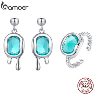 Traje Bamoer 925 Prata Sintética Brinco Paraiba E Anel Fashion Joalheria Para Mulheres