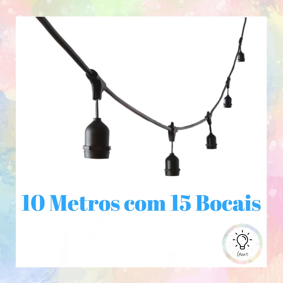 KIT 2 - Varal Festão 10 metros com 15 Bocais Padrão Americano Borracha E27 Com Emenda/ Extensor Para Area Externa Eventos Fetas Jardim Decoração