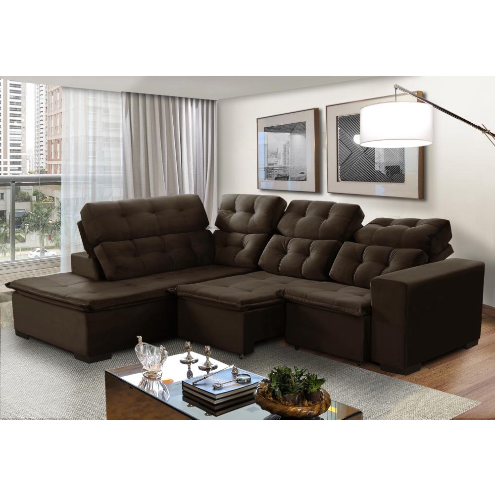 Sofá de Canto Berlim Retrátil/Reclinável 6 Lugares marrom Pillow Top c/molas 2,20x2,80 - Sofá Casa