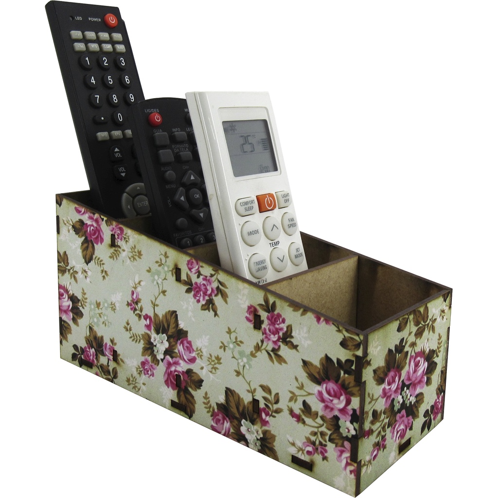 Porta Controle Remoto Organizador 4 Divisória Decoração Floral MDF