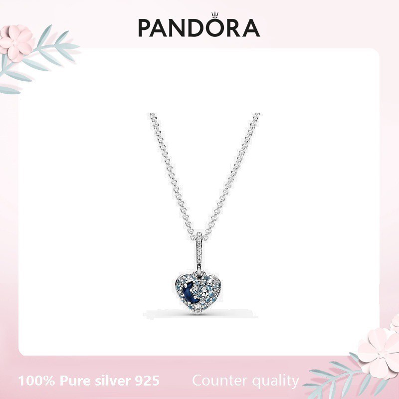 Colar De Prata pando0ra Charme s925 Real Silver Sparkling Blue Moon & Stars Heart Necklace Presente w87k