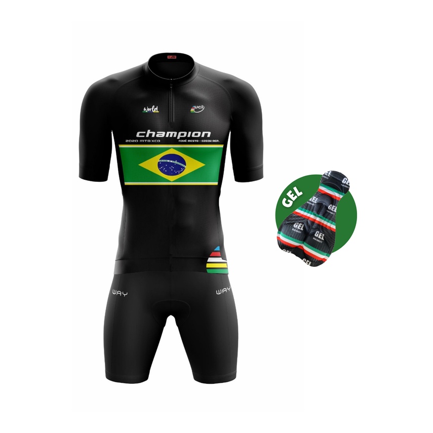 Conjunto Ciclismo Masculino Camisa Champion Brasil Preta e Bermuda Forro Gel Uv50 Mtb