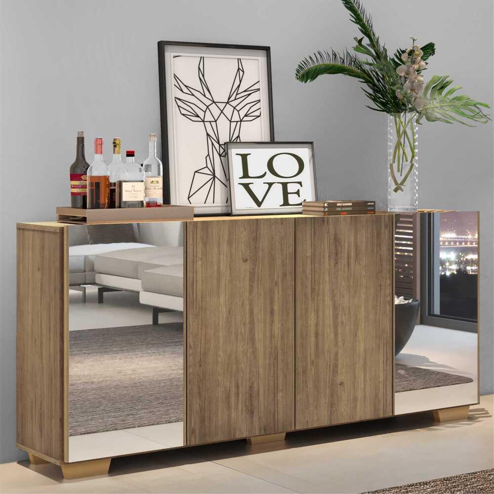 Aparador Buffet c/ Espelho e Pés Quadrados Vegas Multimóveis Rustic/Natural em Oferta na Shopee