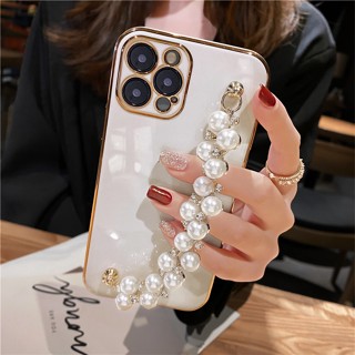 Capa De Revestimento 6D Compatível Para iPhone 14 Plus 14 13 12 Pro Max Luxo Pérola Pulseira Corrente Flexível De Silicone De Celular Whit Chain Phone