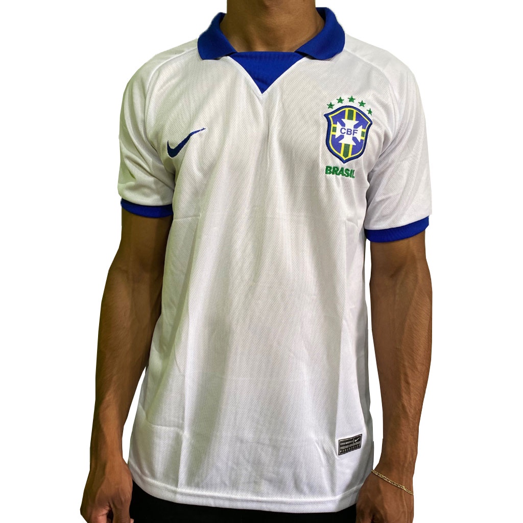 Camiseta da Seleção do Brasil Branca Gola Azul | Shopee Brasil