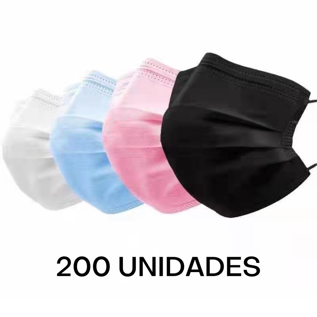 Máscara descartável adulto Kit 200 Máscaras Tripla Camada Preto Azul Branca Rosa
