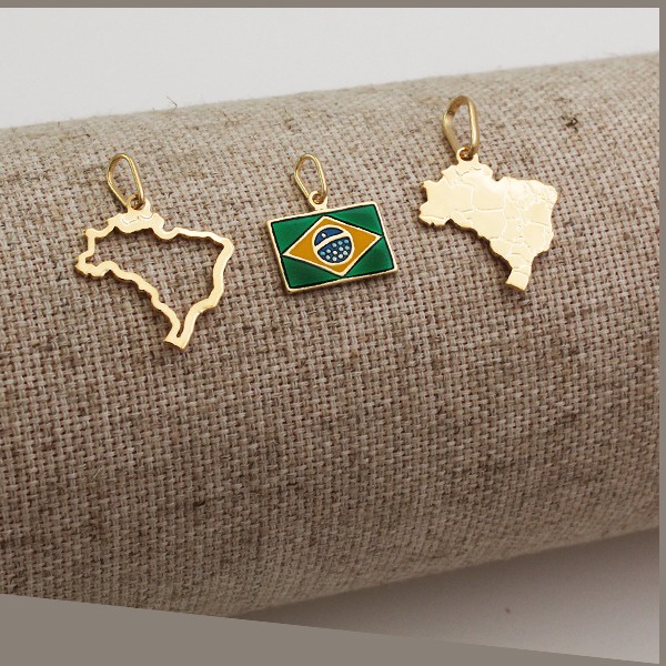 Pingentes do Brasil, Mapa do Brasil, Bandeira do Brasil Banhado em Ouro Legítimo 18k Alto Padrão