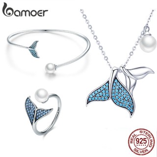 Bamoer 925 Conjunto De Joias De Prata Esterlina Brincos De Anel E Bracelete Sereia Tears Padrão Para Meninas Presentes