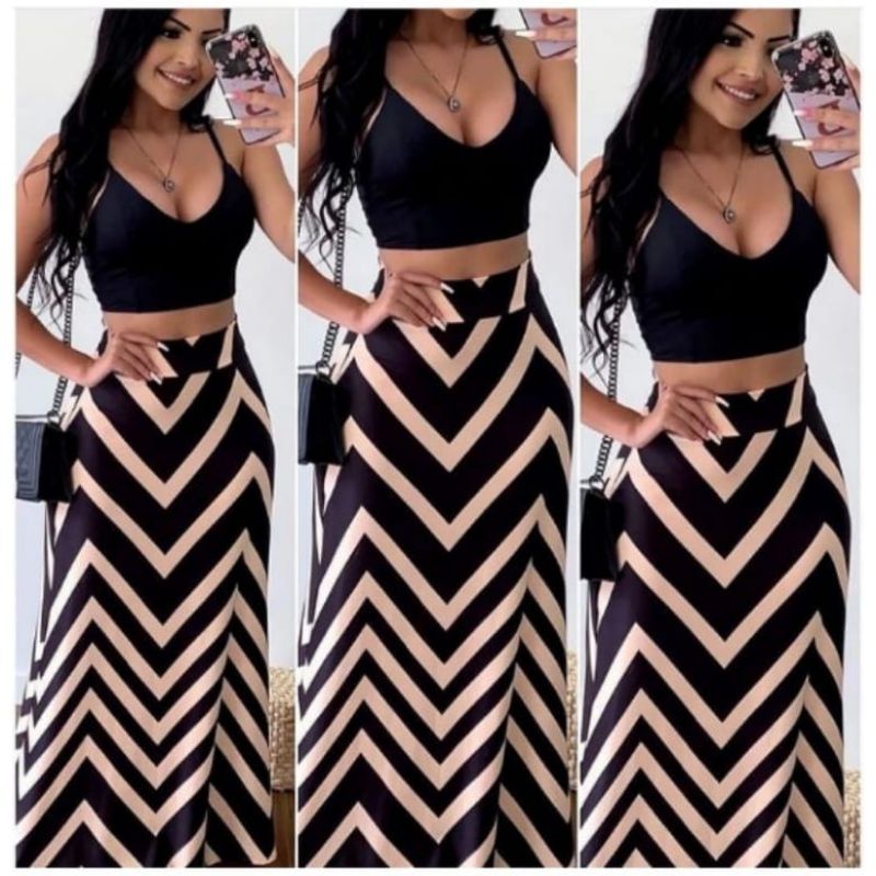 Saia Longa Feminina Estampada Cintura Alta Moda Tendência Zig Zag