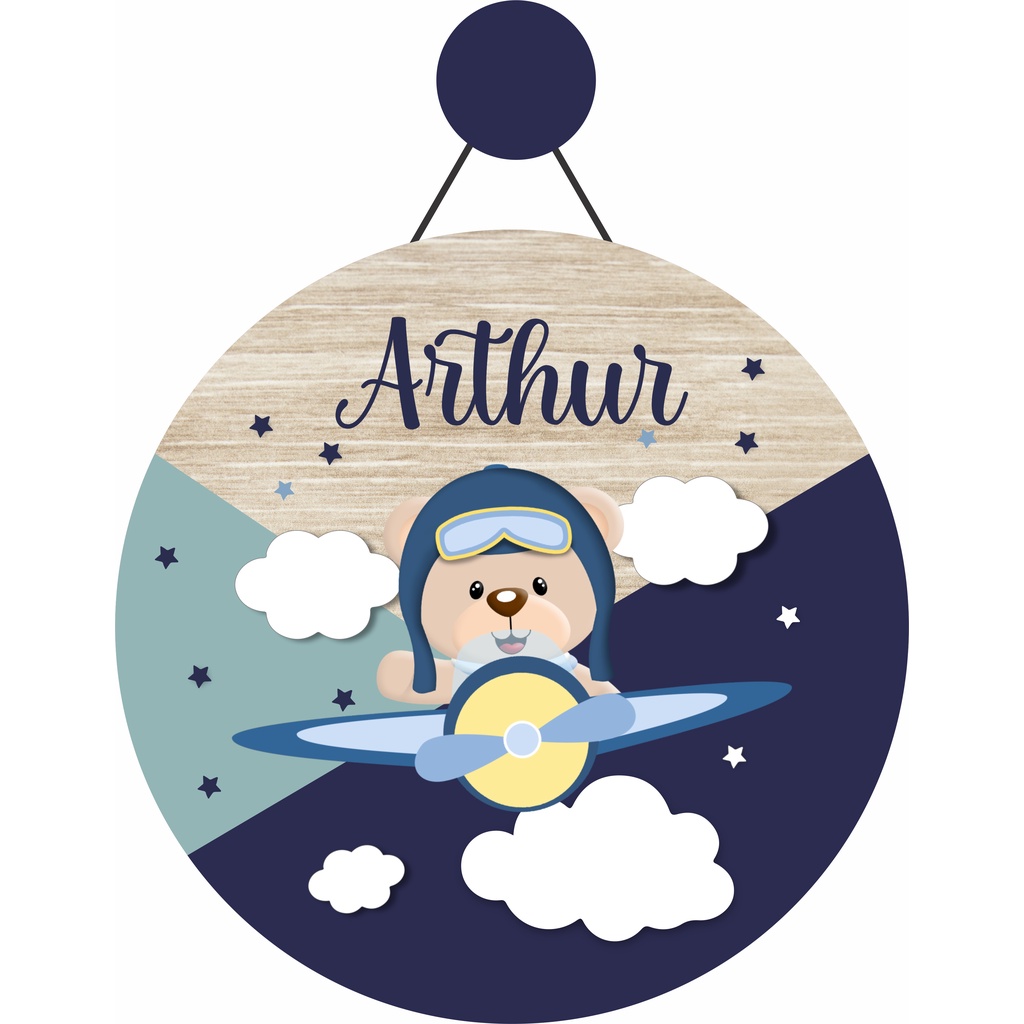 Enfeite Porta Maternidade Urso Aviador, Avião - Nome personalizado - Decoração para quarto GUIRLANDA