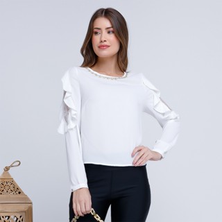 BLUSA MANGA LONGA/ DETALHE DE TRANSPARÊNCIA E BABADO NA PARTE LATERAL DAS MANGAS/ VV 12039