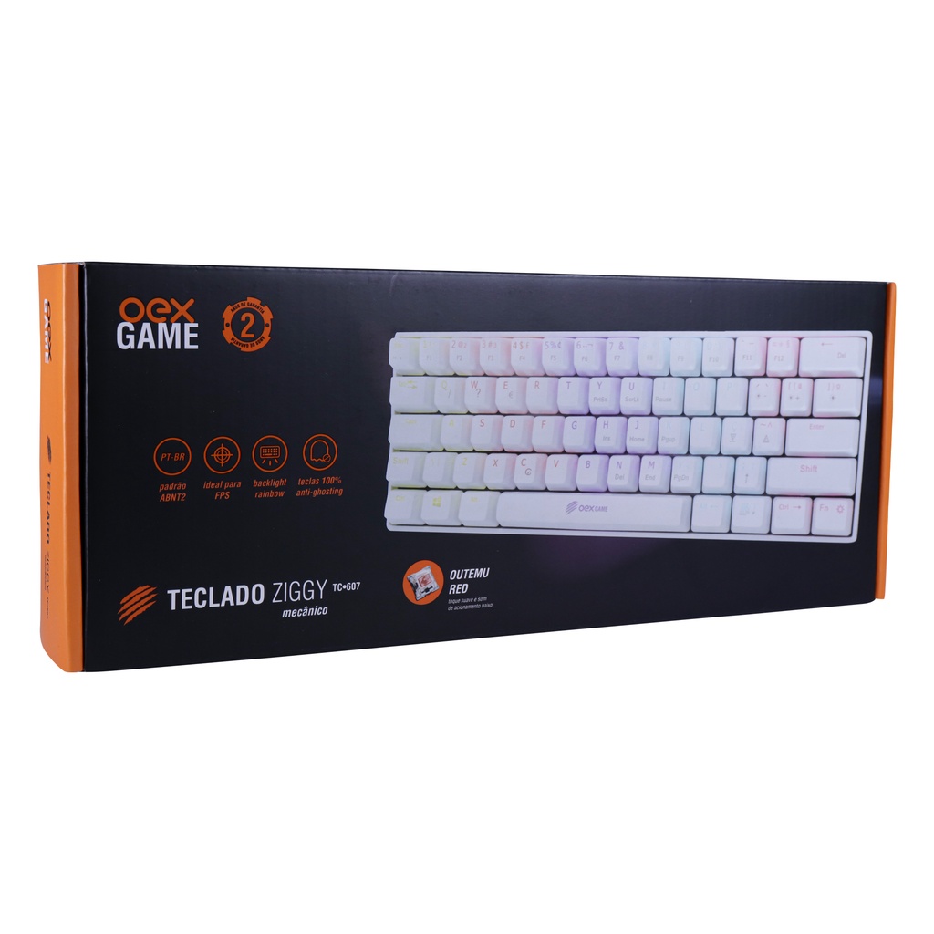 Teclado Oex Gamer RGB Ajustável 60% FPS Ziggy Mecânico Outemu Red Switch