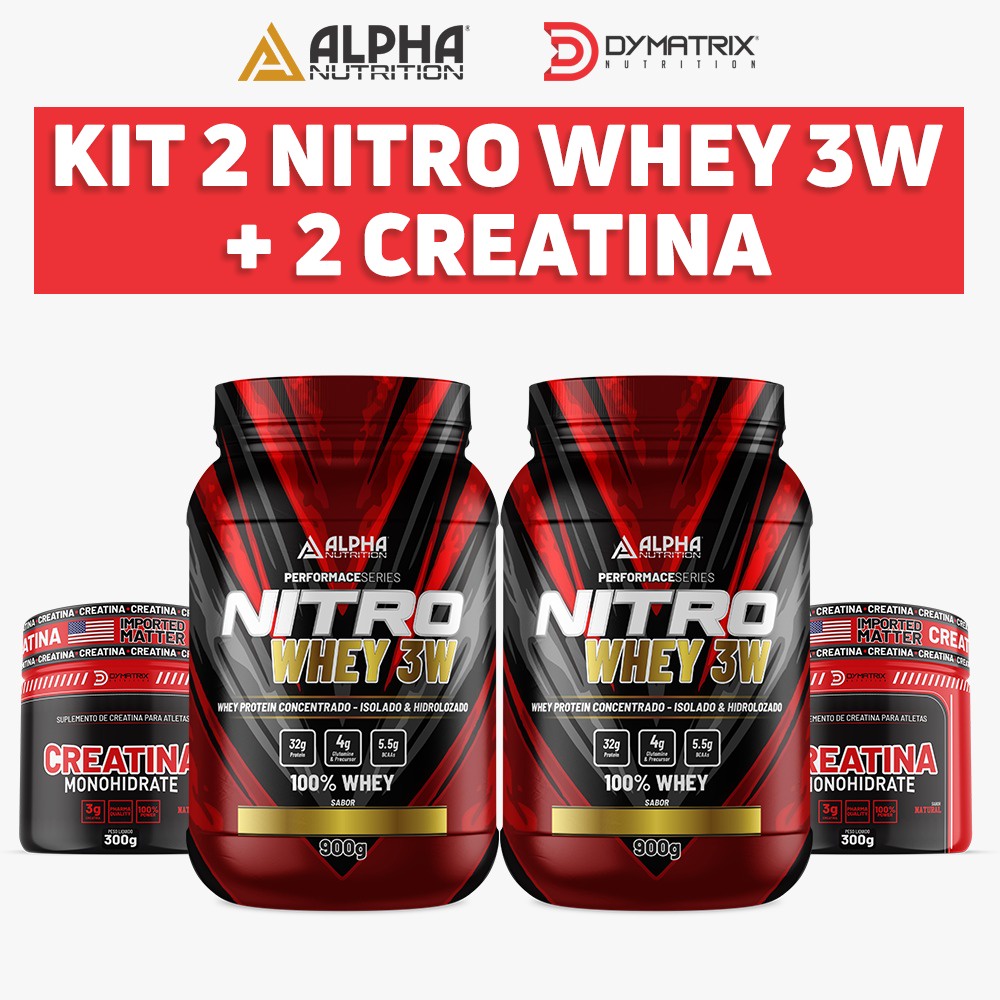 Kit 2 Unid.Whey Protein 3w 907 - Alpha Nutrition + 2 Unid. Creatina Dymatrix 300GR