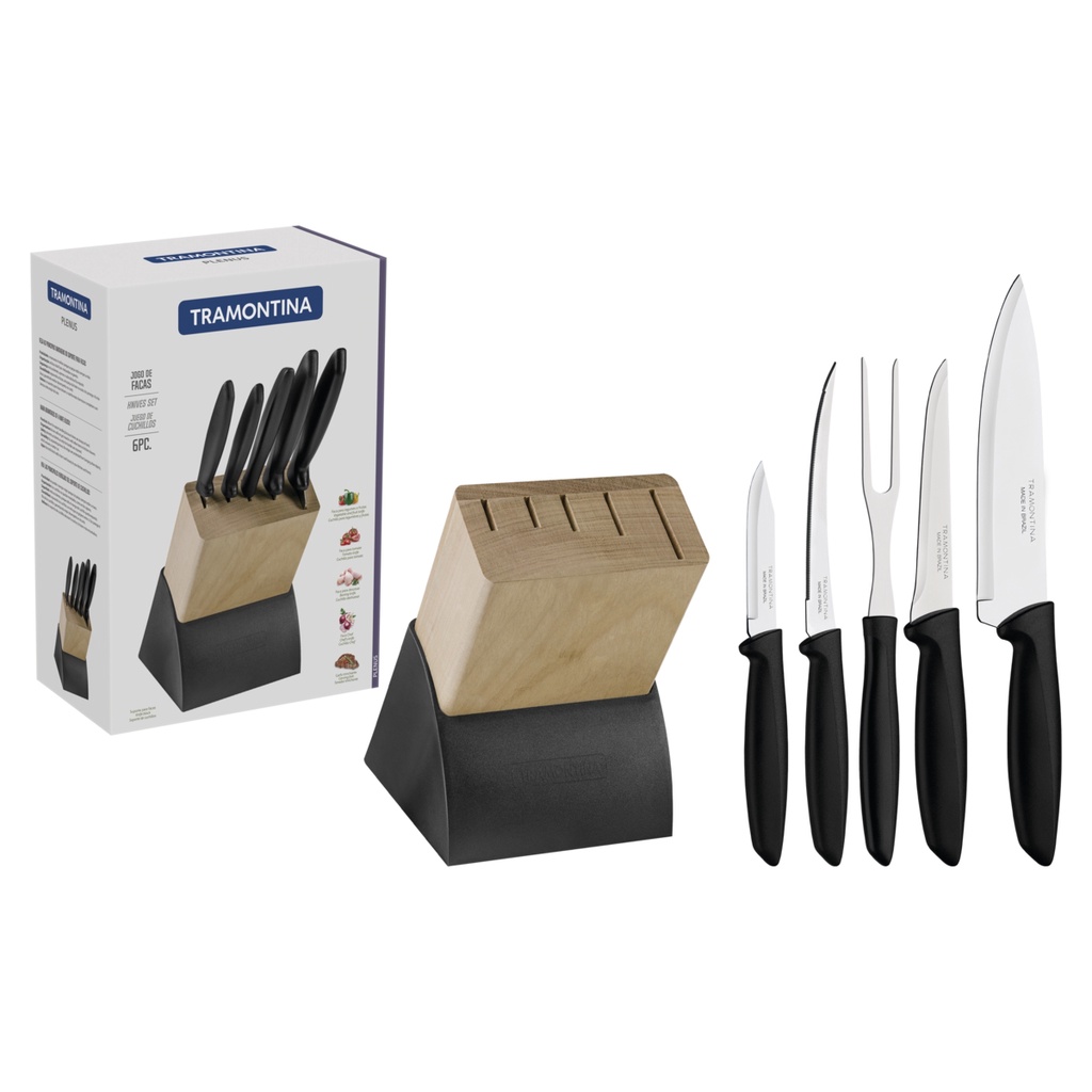 Jogo de Facas Tramontina Plenus Lâminas em Aço Inox Cabos de Polipropileno Preto e Suporte de Madeira 6 Peças - 23498028 em Oferta na Shopee