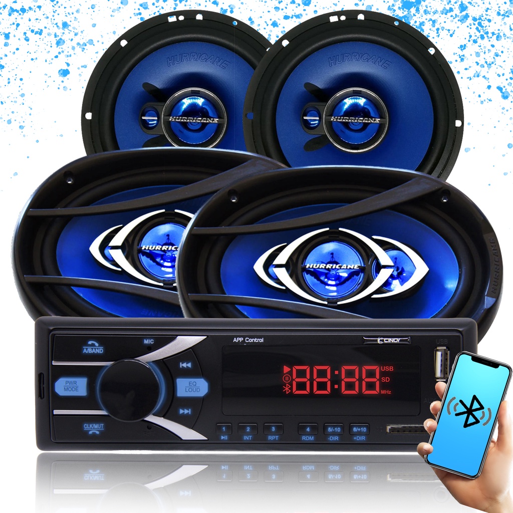 Kit Som Automotivo Carro Radio Mp3 Bluetooth USB + Falantes Hurricane 6 e 6x9 Polegadas