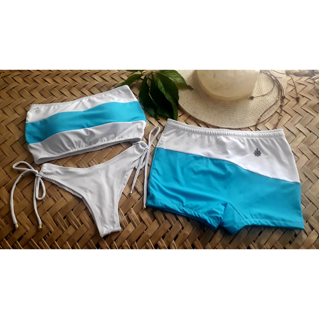 KIT CASAL  AZUL E BRANCO MOZÃO MODA PRAIA BIQUINI E SUNGA