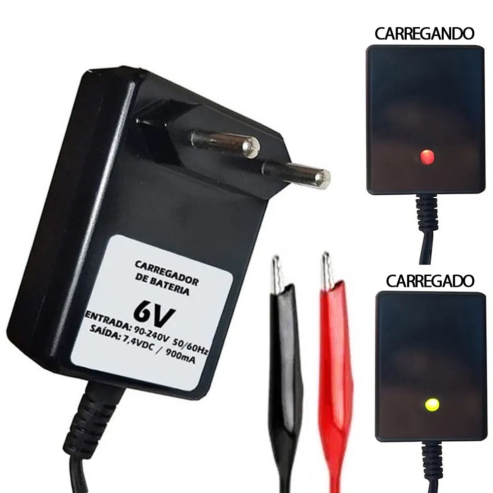 Carregador Bateria Bivolt 6v 800mah com Led Indicativo Garra Tipo Jacaré