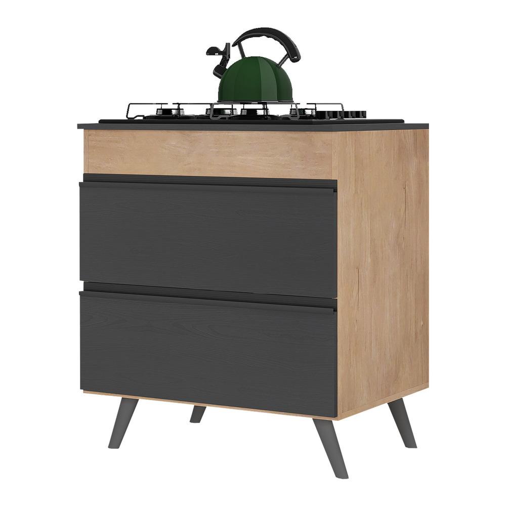 Balcão Cozinha para Cooktop com Tampo 1 Porta 1 Gaveta 70cm Lisboa Multimóveis MP2127 Rustic/Preto