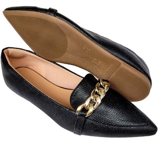 Sapatilha Feminina Mocassim Bico Fino Confortável Preto Com Corrente Dourada Rasteira Casual Moda