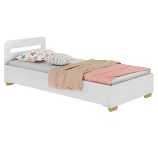 Cama Solteiro p/ colchão 88 x 188cm Grade Proteção Pé Quadrado Vintage Prime Multimóveis Bco/Natural