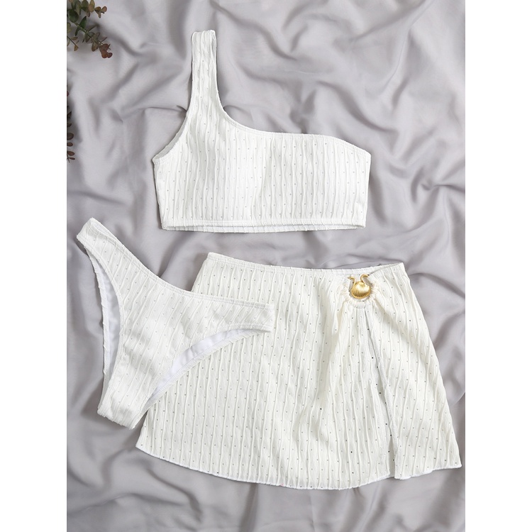 2023 Novo Conjunto De 3 Peças Traje De Banho Feminino Tanga Roupa Sexy Um Ombro Micro Biquíni Com Saia Branca Praia em Oferta na Shopee