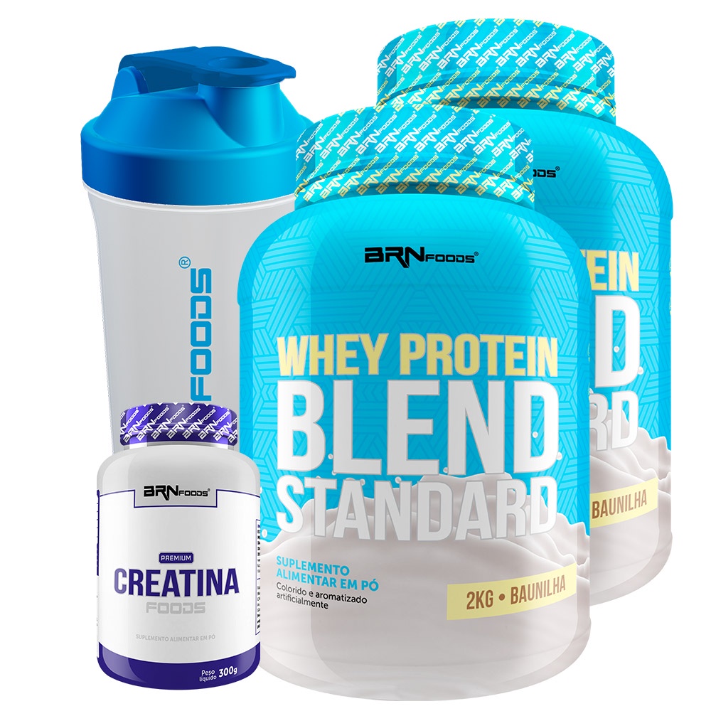 KIT 2x Whey Protein Blend Standard 2kg + Premium Creatina 300g + Coqueteleira - BRN Foods - Health