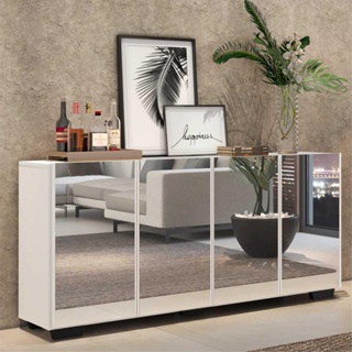 Aparador Buffet 4 portas c/ Espelho e Pés Quadrados Vegas Multimóveis Branco/Preto em Oferta na Shopee