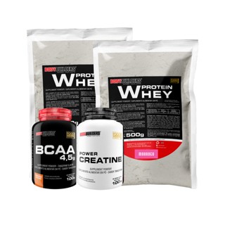 Kit 2x Whey Protein Concentrado em Blend Proteico 500g + BCAA 4,5 100g + Power Creatina 100g - Aumento de Massa Muscular - Bodybuilders