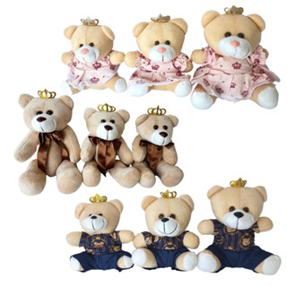 Trio de Ursos de Pelúcia Princesa, Príncipe ou Articulado com Laço Para Nicho ou Presente
