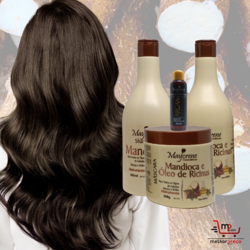 Kit Mandioca Maycrene 3x500ml Nutrição e Fortalecimento com Shampoo, Condicionador, Máscara e Óleo Umectante 60ml Maycrene